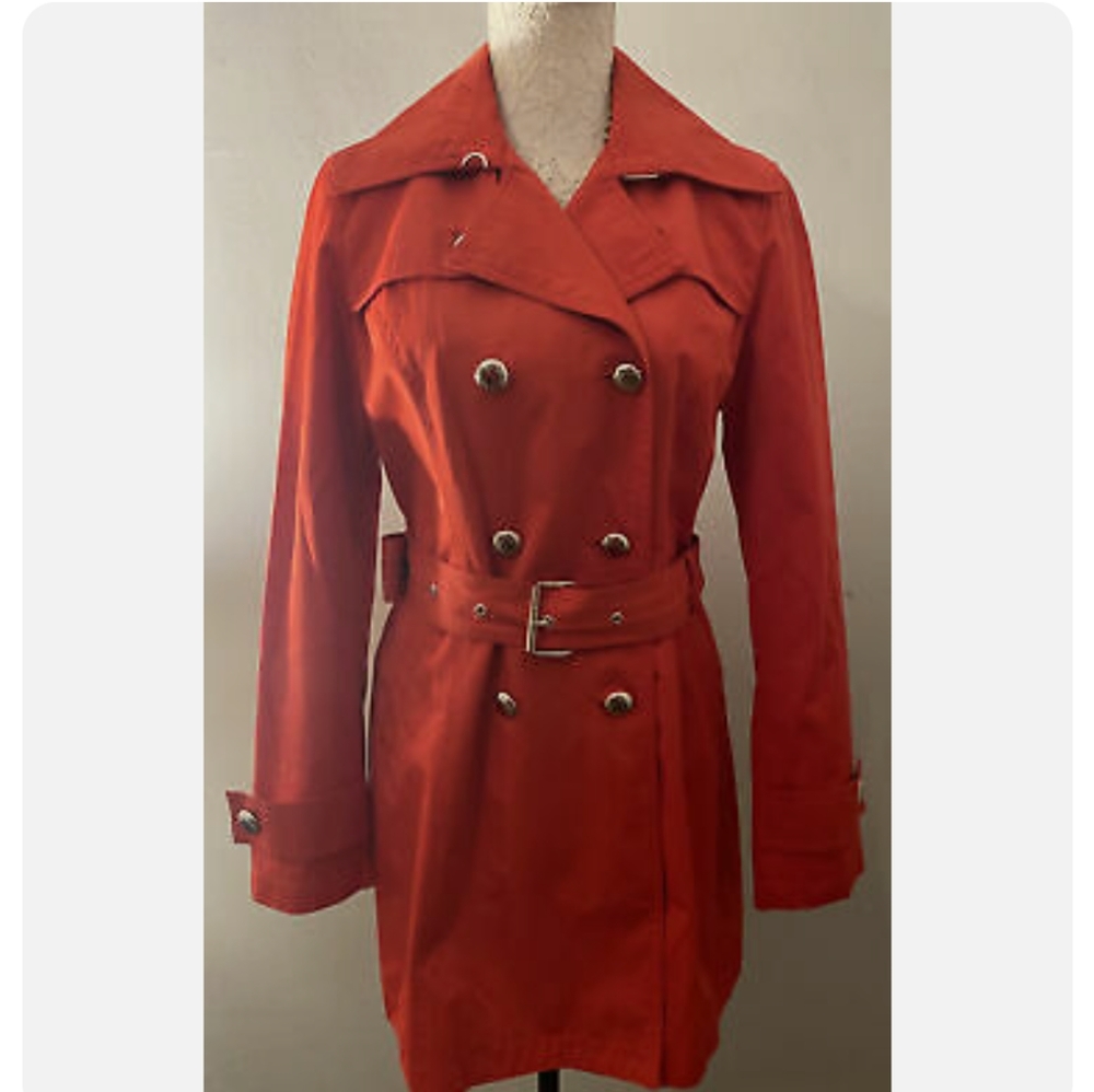 Michael Kors Womens Red Flattering Trench Rain Coat Lined Mid Length